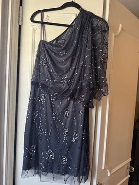 Adrianna Papell Evening One-Shoulder Sequin Overlay Cocktail Dress - Navy Blue